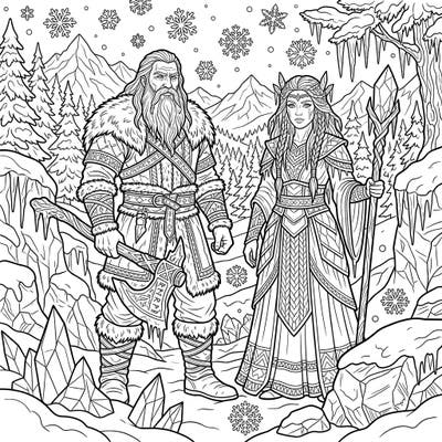 Step into an ancient, frozen world with this stunning coloring page featuring powerful mythological giants. Immerse yourself in a winter wonderland filled with intricate details, majestic figures, and a touch of frosty magic.
