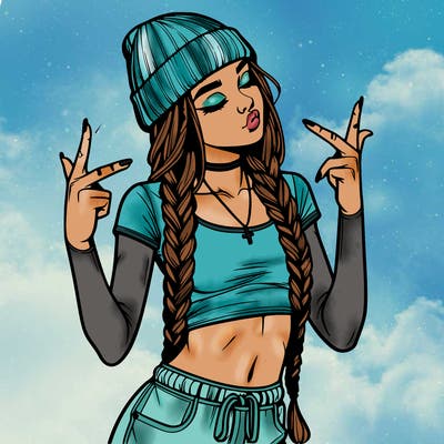 realistic teenage girl with braids and a beanie and crop top doing 🫶🏼