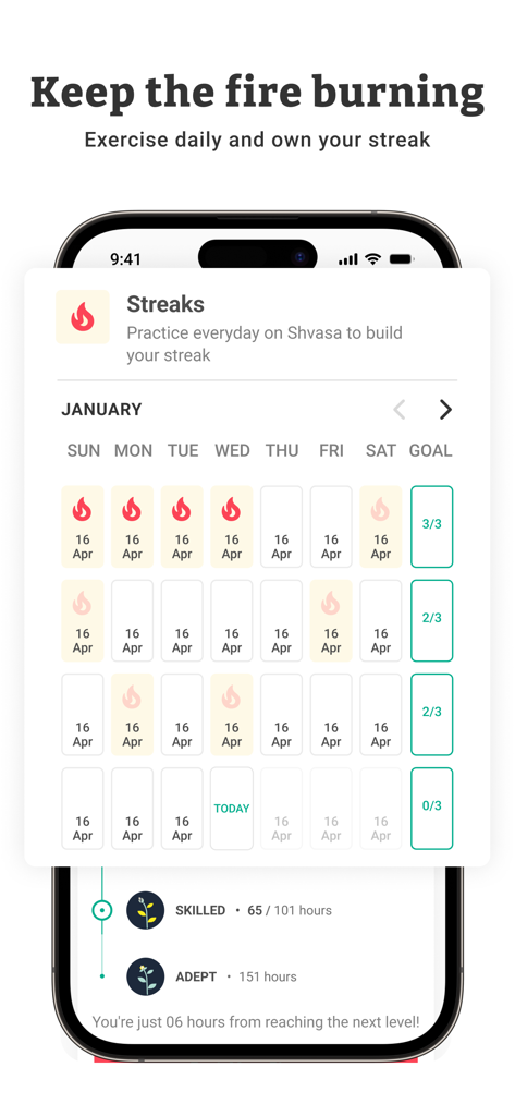 Écran de l'application mobile montrant un calendrier de séries d'exercices de yoga et des étapes de progression des compétences
