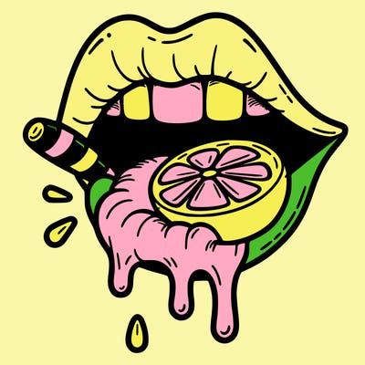 a lip with teeth with a bottom lip with teeth with a lime dripping with juice