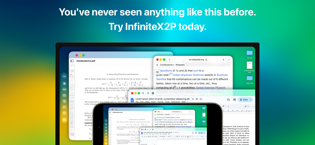 InfiniteX2P app interface showing multiple overlapping windows on iPad and iPhone screens for desktop-class multitasking