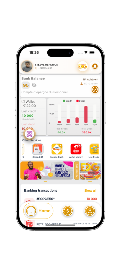 EDG MOBILE-BANK - Home screen of the EDG MOBILE-BANK app showing account balance, wallet details, and financial charts on an iPhone.