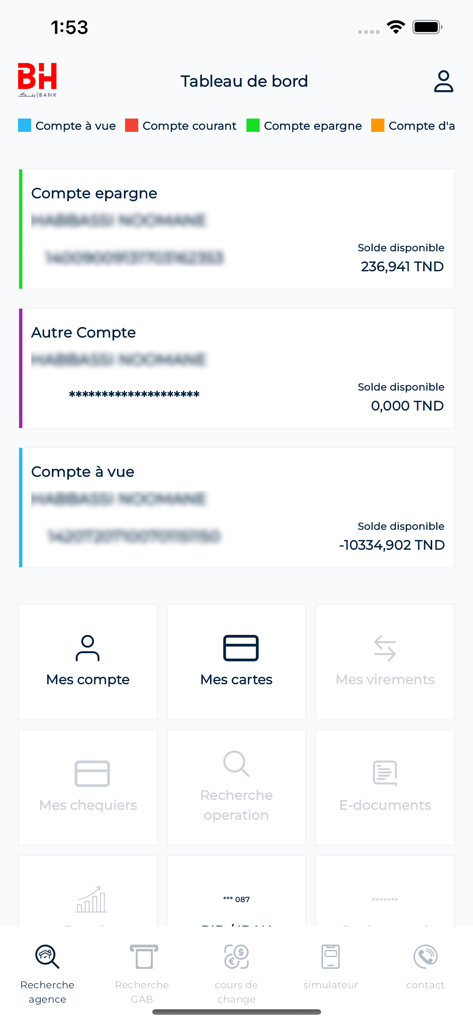 BH MOBILE - BH Mobileバンキングアプリのダッシュボード。チュニジアディナールでの口座残高とサービスメニューが表示されています。