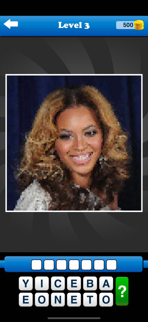 Guess the Celebrity Quiz Game - Gameplay screen of Guess the Celebrity Quiz Game showing a level with Beyonce photo and letter tiles
