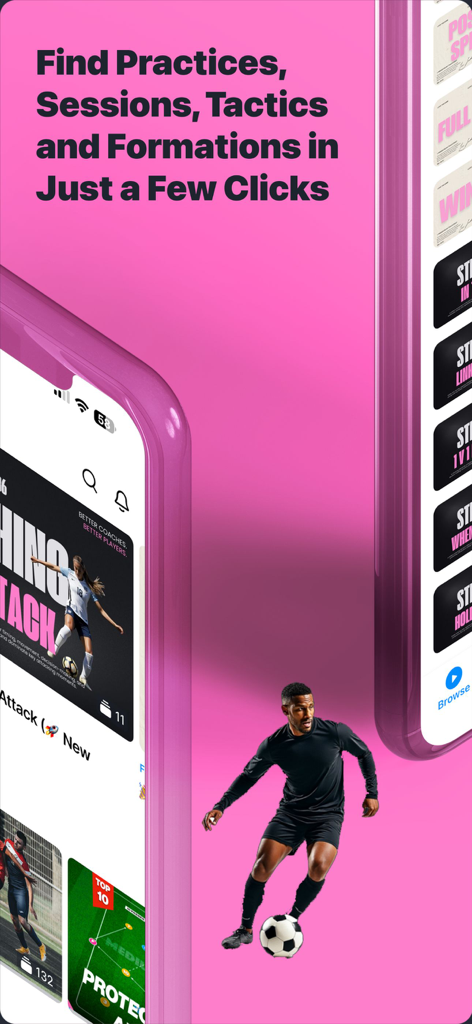 Mobile app interface for Touchtight Soccer Training showing tactical session plans and coaching tools