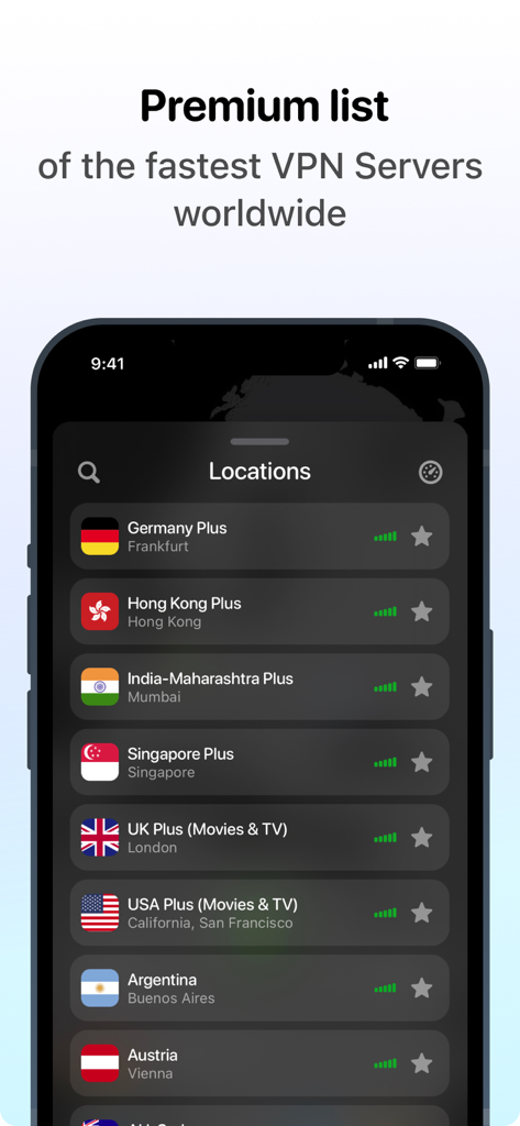 VPN Unlimited app screen showing a list of premium and streaming-optimized global servers