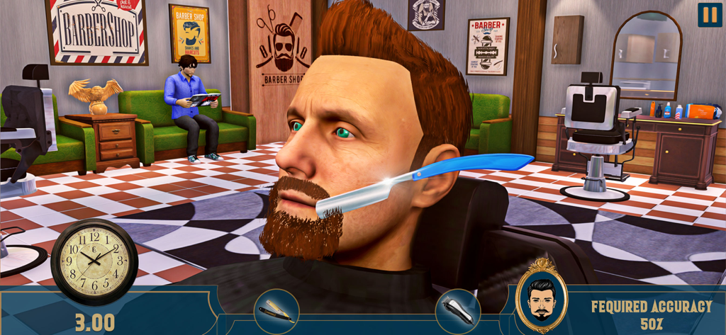 A barber using a straight razor to trim a client's beard in a simulation game.