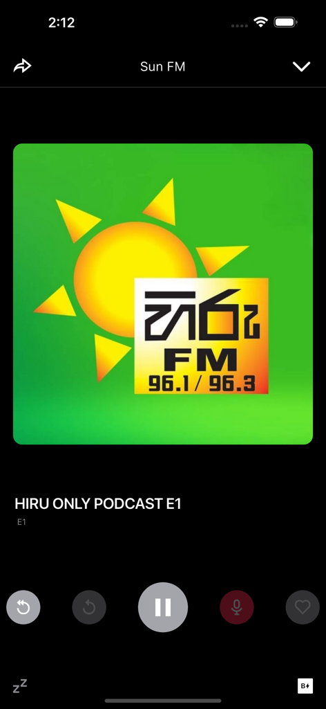 ShaaFM Mobile app podcast player interface featuring Hiru Only Podcast and Sun FM branding