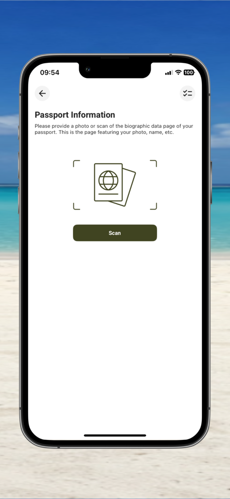 e-Border - St. Kitts & Nevis - Passport information scan screen for St. Kitts and Nevis travel authorization