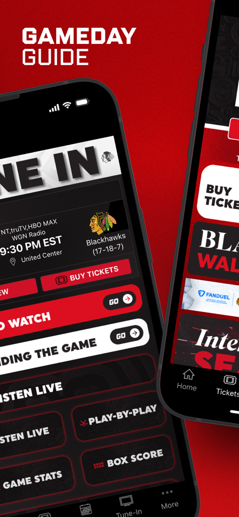A mobile interface of the Chicago Blackhawks app displaying a gameday guide with buttons for tickets and live game updates