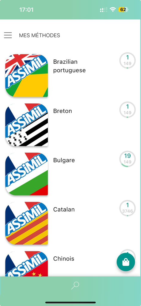 La schermata I miei metodi nell'app Assimil che mostra un elenco di corsi di lingua tra cui portoghese brasiliano e bulgaro con indicatori di progresso.