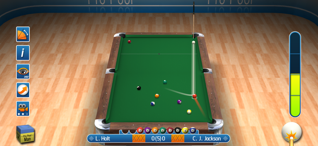 A 3D top-down view of a realistic pool table match in Pro Pool 2026 with aiming guides and interface.
