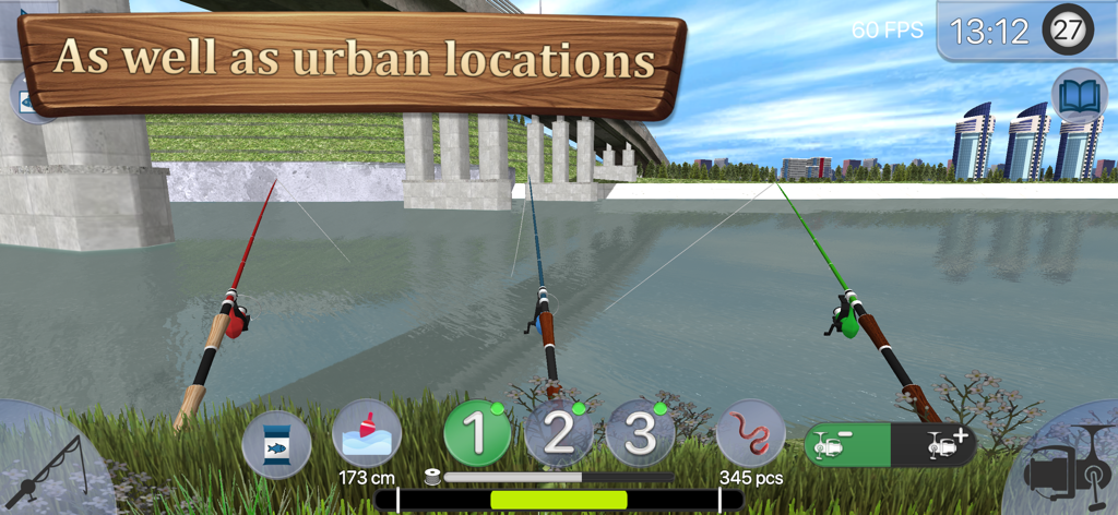 True Fishing 2 - Three fishing rods cast into the water in an urban location under a bridge in True Fishing 2