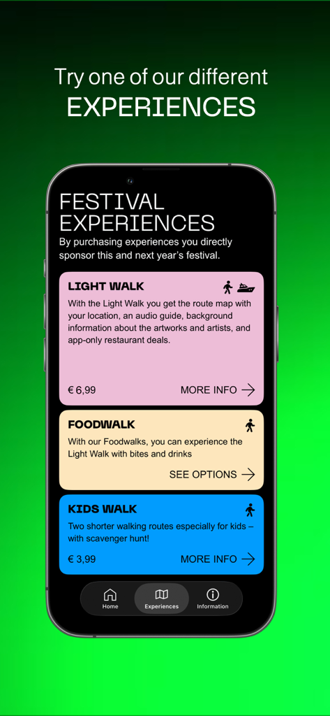 Amsterdam Light Festival - Amsterdam Light Festival app experience screen displaying Light Walk, Foodwalk, and Kids Walk tour options.