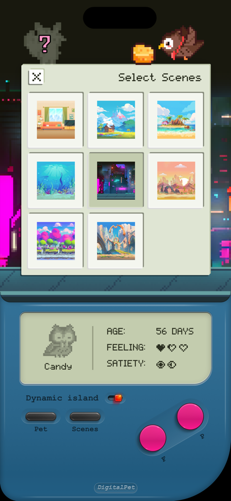 Un'interfaccia pixel art retrò che mostra un menu di selezione della scena con vari sfondi colorati per un'app di animali domestici virtuali.