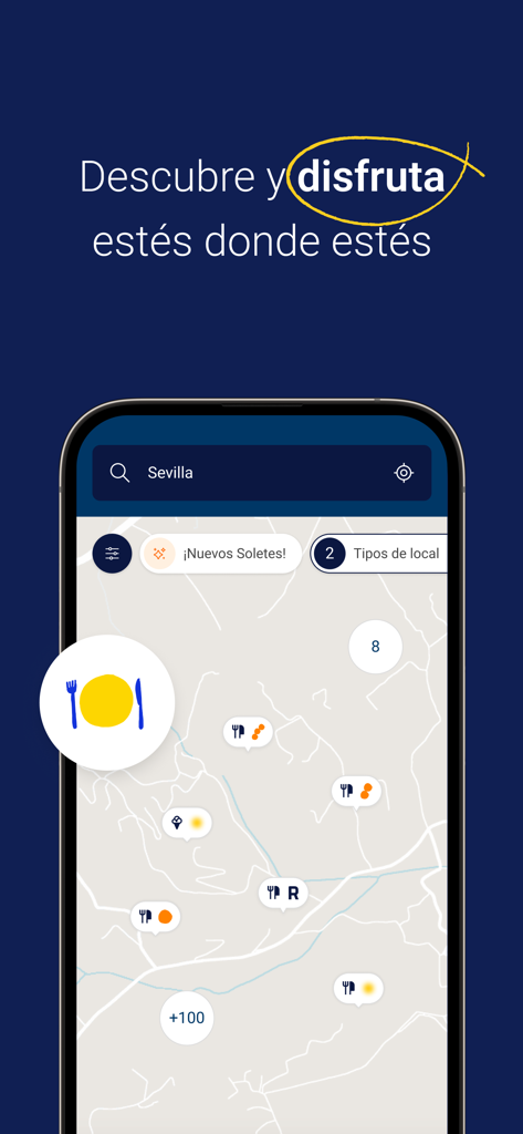 Interfaz de mapa de la aplicación Guía Repsol mostrando pines y calificaciones de restaurantes en Sevilla