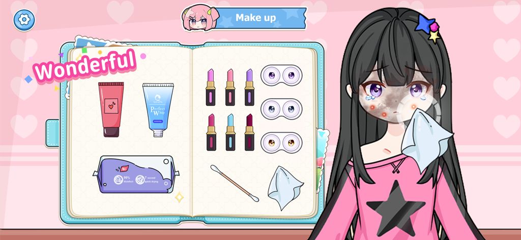 Kawaii Paper Doll Dressup Game - Un personaje recibiendo un cambio de imagen facial con herramientas de belleza en el Juego de Vestir Muñecas de Papel Kawaii.