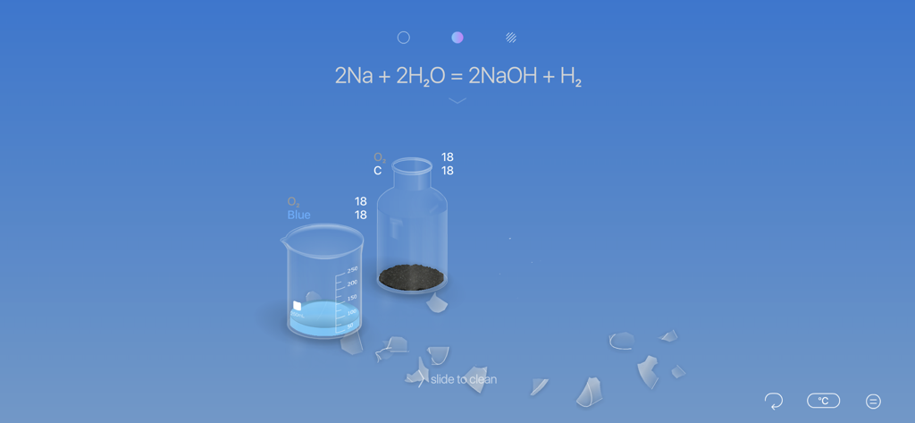 CHEMIST by THIX - A virtual chemistry lab simulation in the CHEMIST app showing lab glassware and a chemical equation for a reaction between sodium and water.