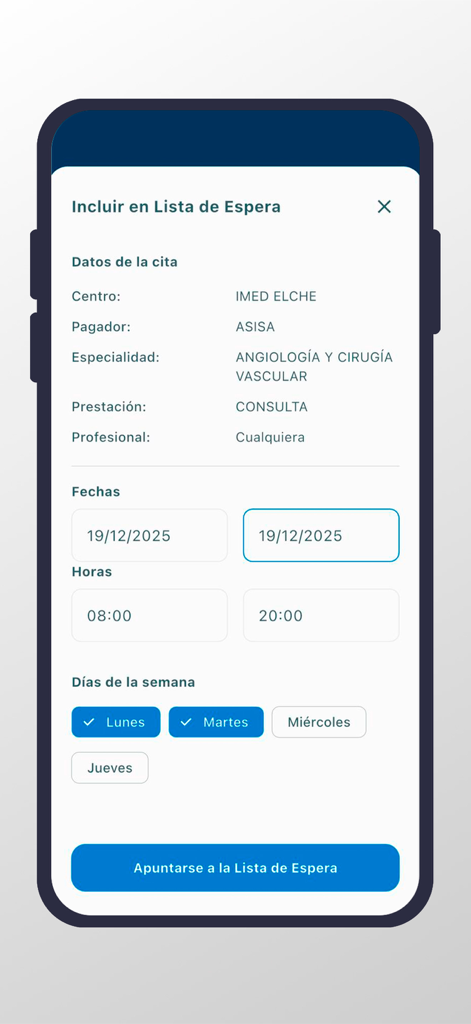 Interfaz de la aplicación IMED Hospitales para unirse a una lista de espera de citas médicas.