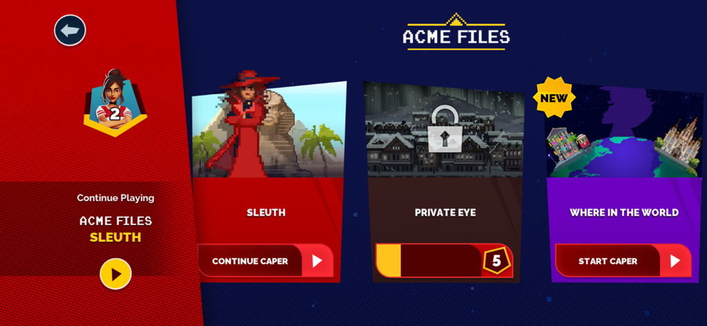 Carmen Sandiego. - L'écran du menu ACME Files dans le jeu mobile Carmen Sandiego présentant les modes de jeu Sleuth et Where in the World