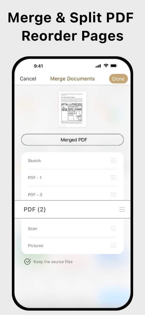 Interfaz para fusionar, dividir y reordenar páginas PDF en Doc Scan.
