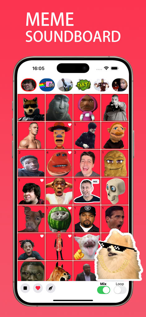 Meme Soundboard · Prank Sounds - Eine mobile Anwendungs-Oberfläche, die ein Raster beliebter Internet-Memes für eine Soundboard-App anzeigt.