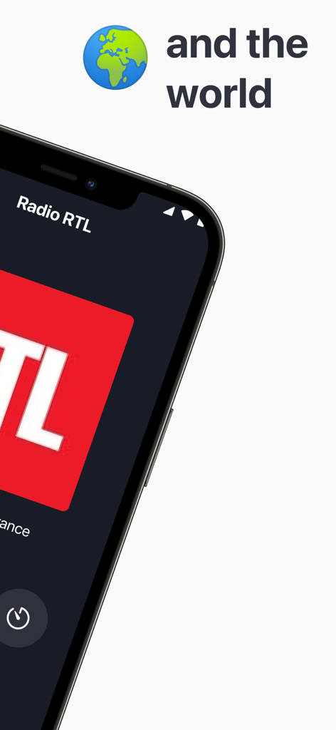 Radio France - FM Radio - Captura de pantalla de la interfaz de la aplicación Radio France FM que muestra la emisora Radio RTL con un icono de globo y el texto world stations