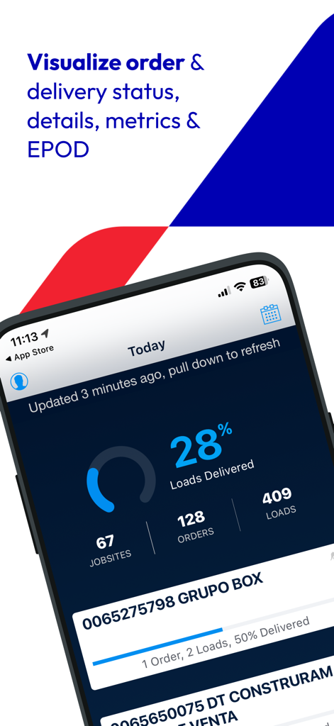 CEMEX Go Track mobile app dashboard showing delivery progress metrics such as loads delivered and active jobsites.