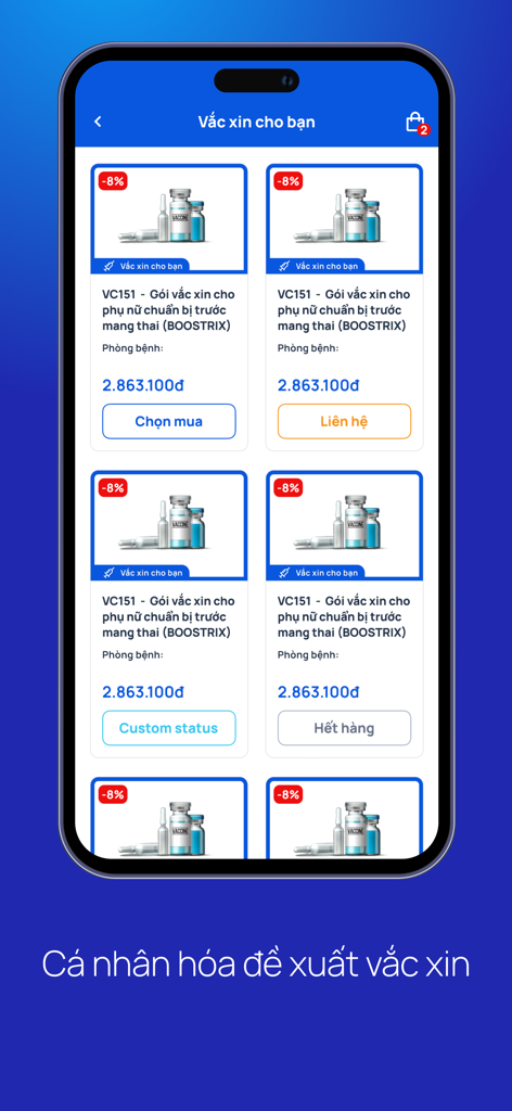 A screenshot of the VNVC app showing personalized vaccine package recommendations for women preparing for pregnancy.