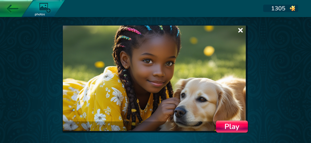 Cool Jigsaw Puzzle HD - A preview screen in Cool Jigsaw Puzzle HD featuring a girl and a golden retriever dog
