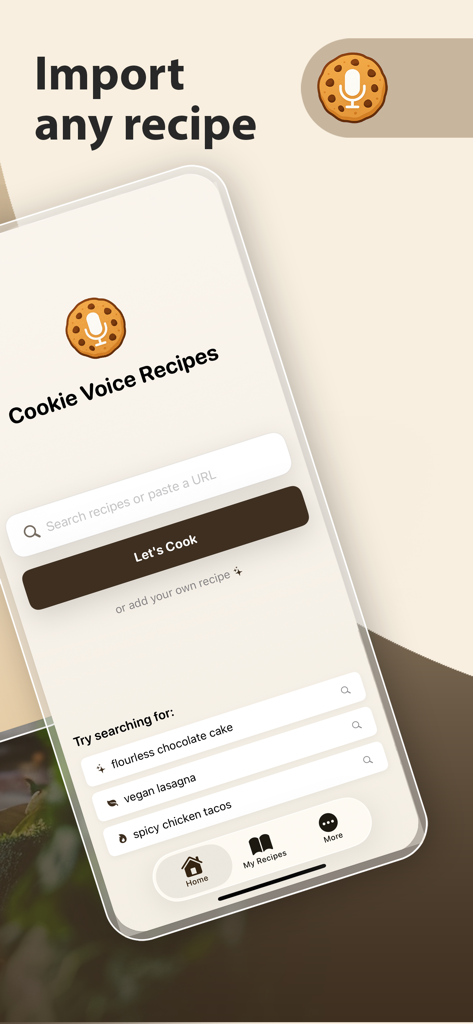 Cookie Voice Recipes - Pantalla de inicio de la aplicación Cookie Voice Recipes que muestra la interfaz de importación y búsqueda de recetas.