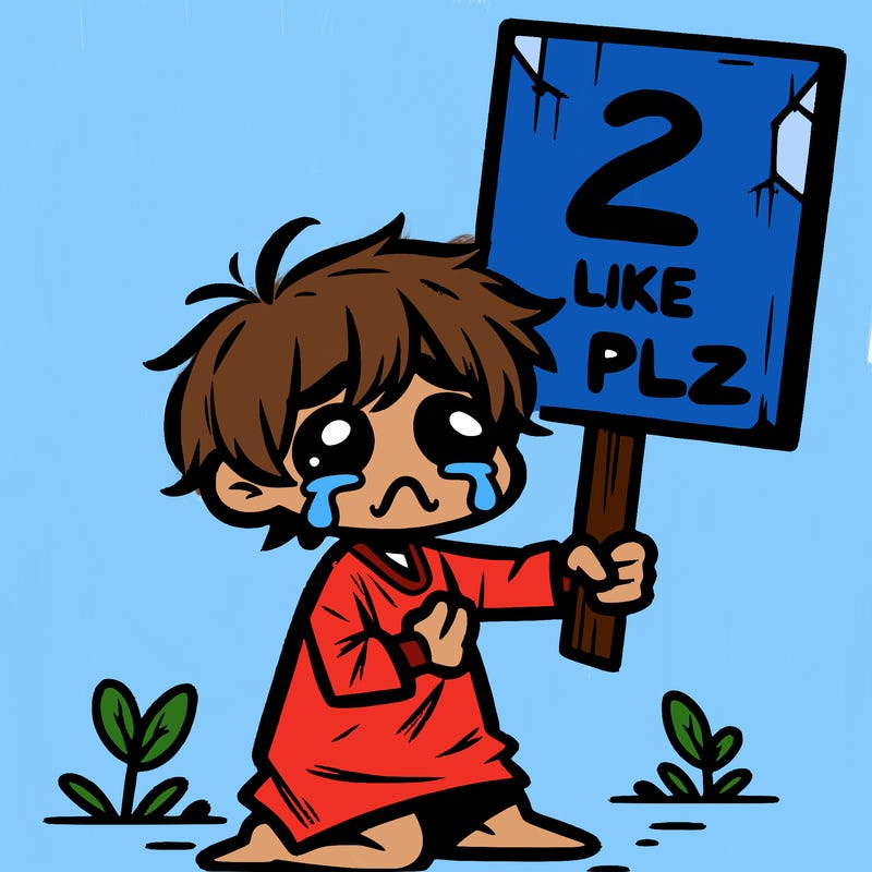 small poor toddler crying with sign that says 2 like plz