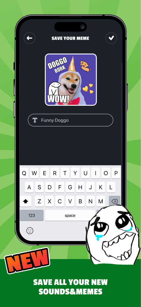 Sounds Effects by Whatsticker - Um smartphone mostrando a tela de salvar seu meme com um meme personalizado de cachorro shiba inu e um campo de entrada de texto