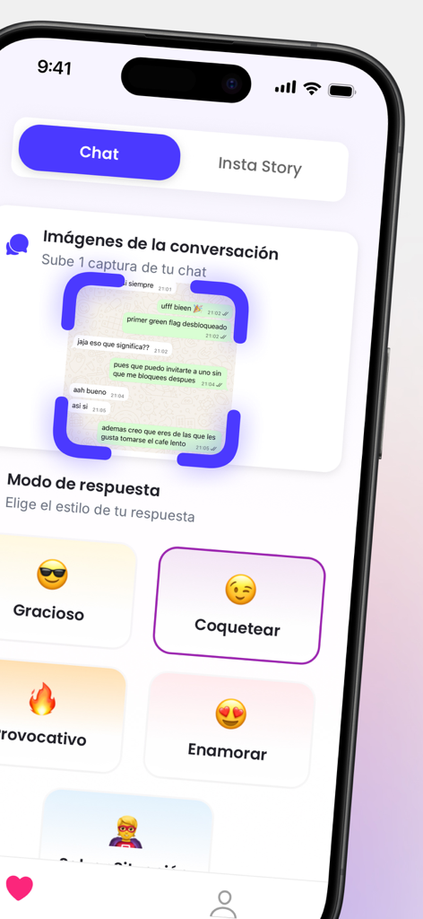 Liggo: Respuestas con IA - Interfaz de la app IA Liggo mostrando la carga de capturas de chat y la selección del modo de respuesta de coqueteo