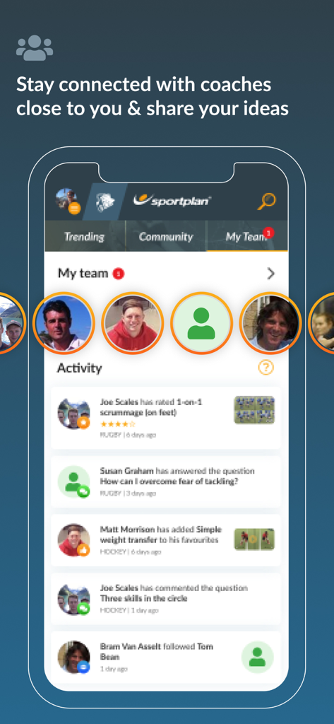 Sportplan - Sportplan app interface showing the activity feed for coaching teams and community interactions