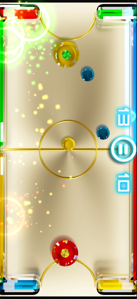 Jugabilidad de Glow Hockey 2 en una mesa de oro metálico con paletas y discos brillantes