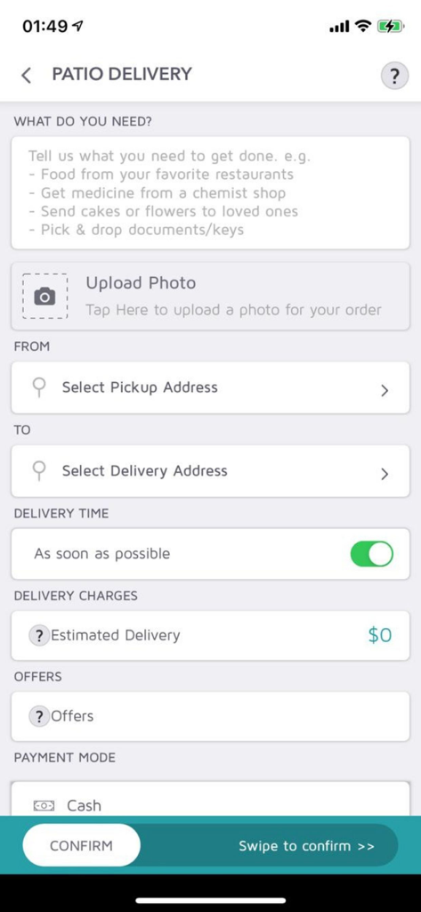 Patio delivery - Una pantalla de la aplicación móvil de Patio Delivery que muestra campos para seleccionar direcciones de recogida y entrega para un pedido personalizado.