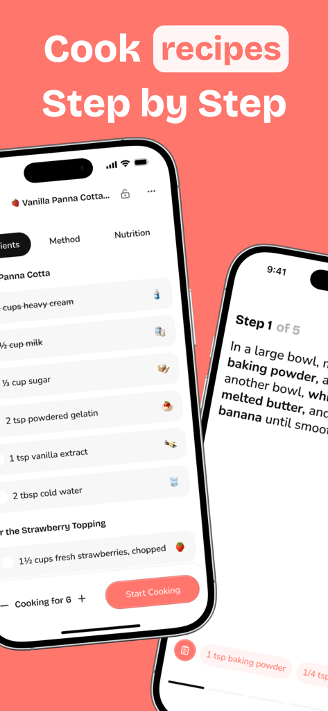 Mobile app screens showing recipe ingredients and step by step cooking instructions for Vanilla Panna Cotta.