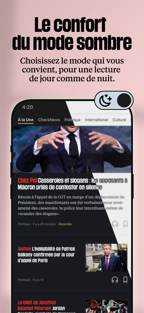 Tela de smartphone mostrando a interface do aplicativo de notícias Libération dividida entre os modos claro e escuro.