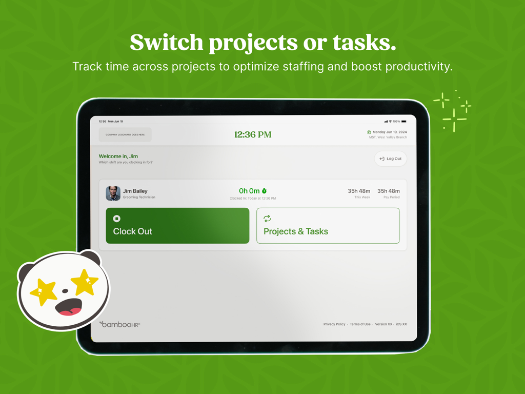 BambooHR Time Kiosk - iPad display of the BambooHR Time Kiosk app interface showing options to clock out and switch projects or tasks