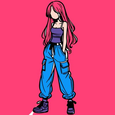 girl in baggy pants crop top and long hair