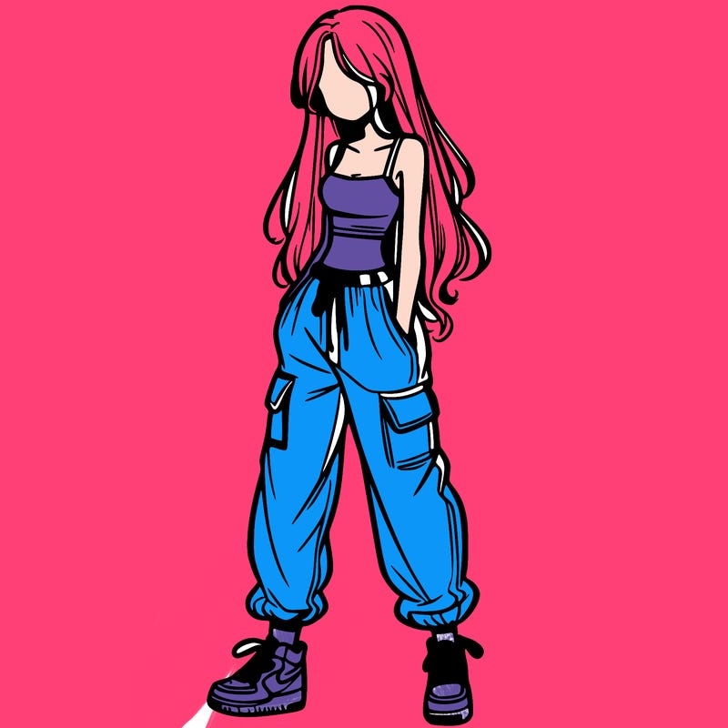 girl in baggy pants crop top and long hair