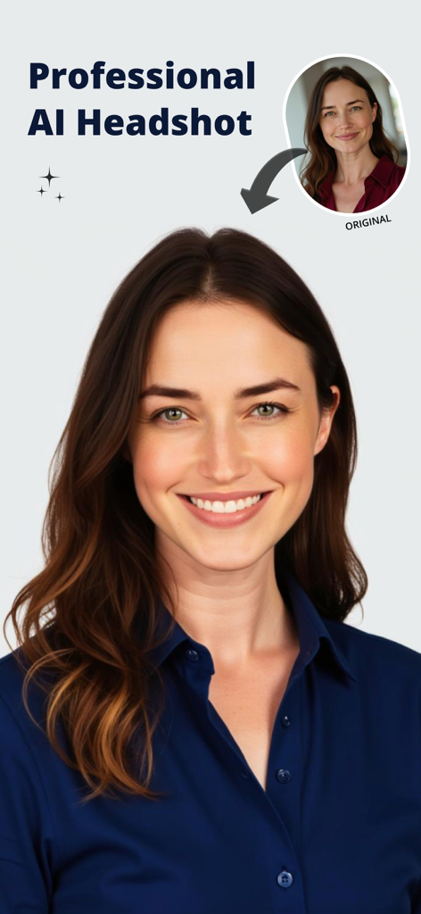 Vergleich von Vorher und Nachher eines Freizeitfotos einer Frau, das in ein professionelles KI-Business-Porträt umgewandelt wurde