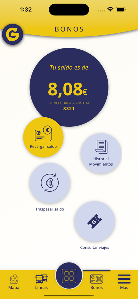 GuaguasLPA - Pantalla de la aplicación móvil GuaguasLPA mostrando el saldo del billete virtual y las opciones de recarga