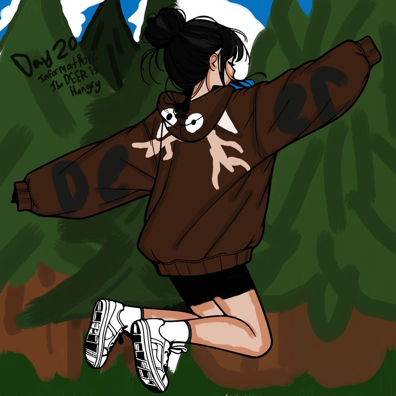 realistic girl jumping with a bun and oversized sweatshirt