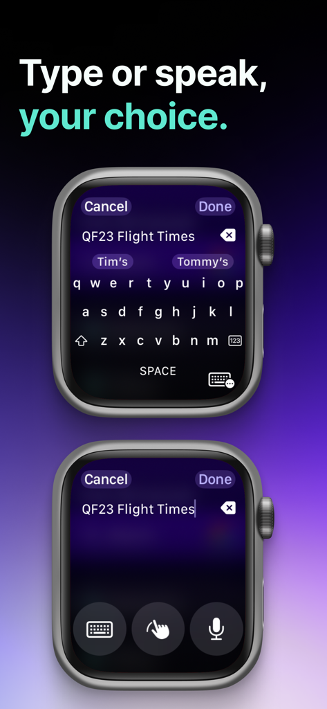 Ant Browser: Web on your Watch - Ant Browser on Apple Watch displaying keyboard and voice input options for searching websites.