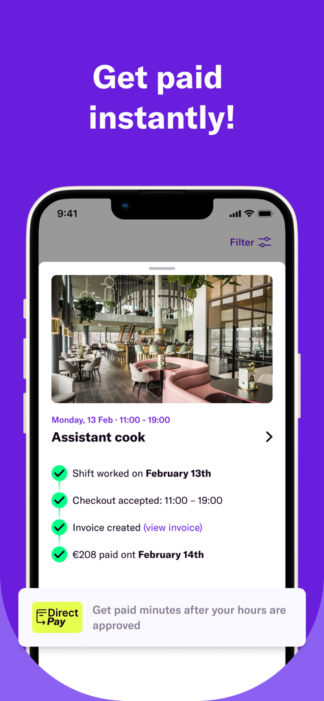 Temper | Flex Work and Gigs - Mobile screenshot of Temper app showing DirectPay status for an assistant cook shift with instant payment confirmation