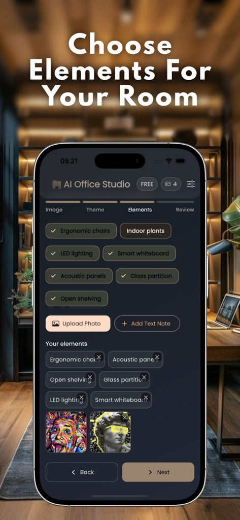 Eine mobile Benutzeroberfläche zur Auswahl von Möbeln und Dekorationselementen in der AI Office Design App