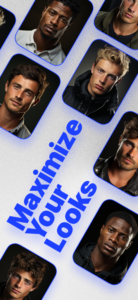 Glow AI Scanner: Looks Rating - 顔分析アプリ「Maximize Your Looks」のテキストが入った、多様な男性のポートレートのコラージュ