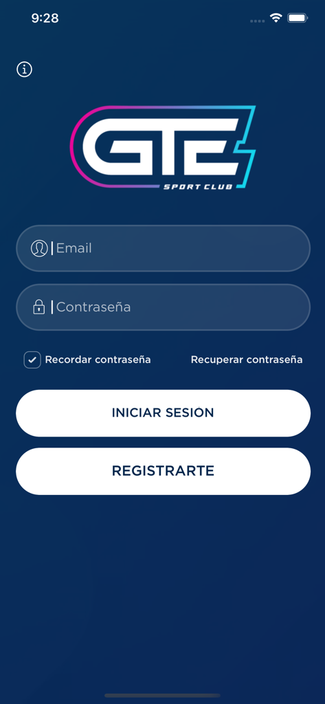 Club GTE - Login screen of the Club GTE sport club mobile application